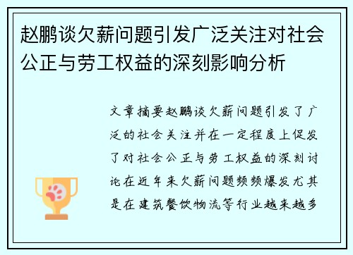 赵鹏谈欠薪问题引发广泛关注对社会公正与劳工权益的深刻影响分析