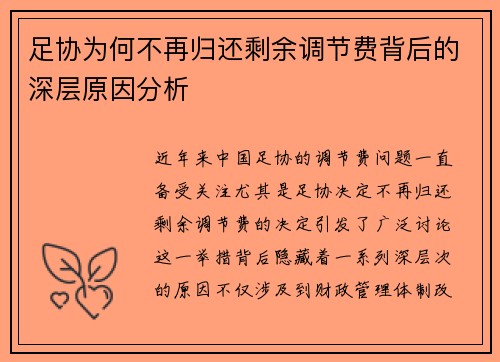 足协为何不再归还剩余调节费背后的深层原因分析 足协为何不再归还剩余调节费背后的深层原因分析